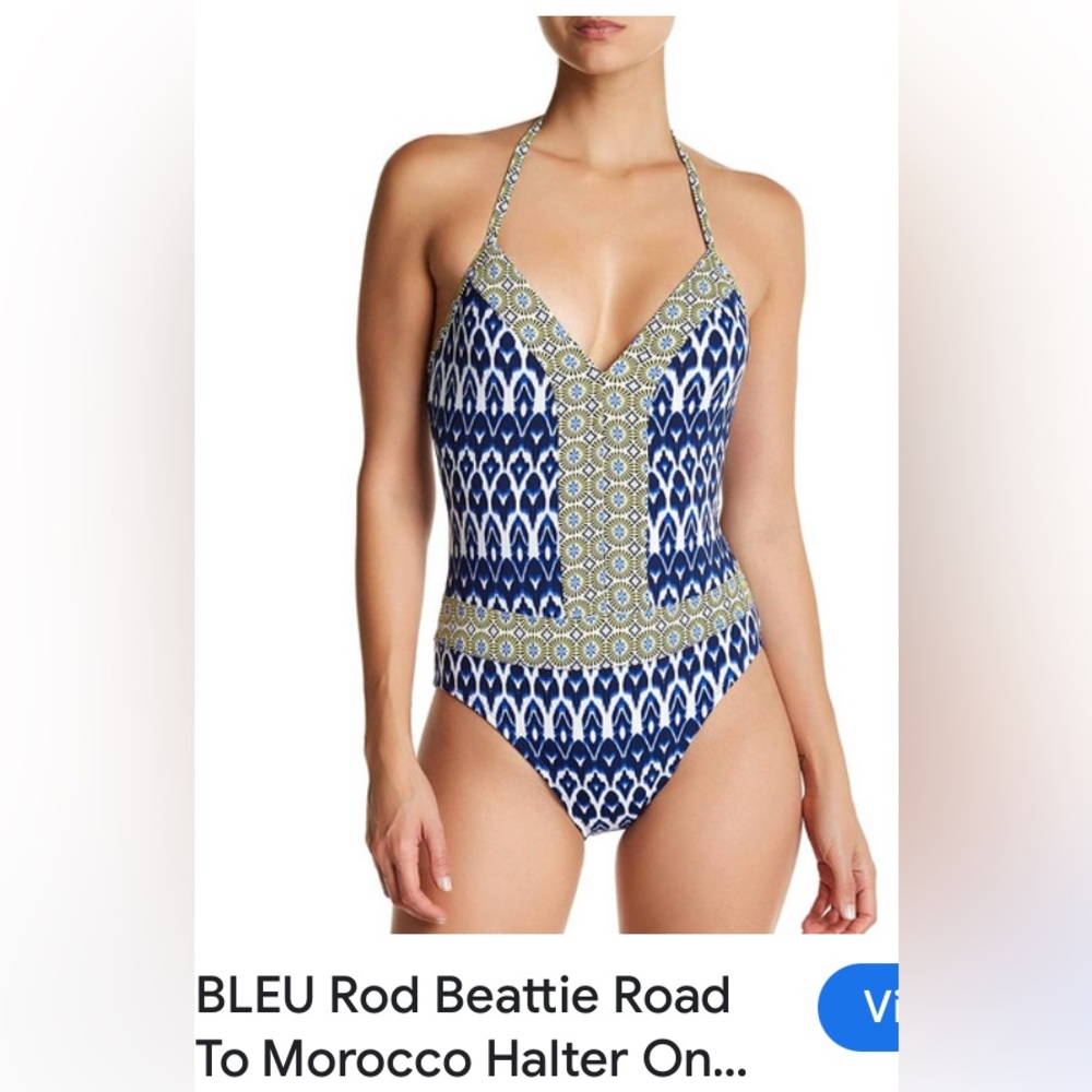 Bleu Rod Beattie Blue and Gold Road to Morocco One Piece Halter Swimsuit Size 6